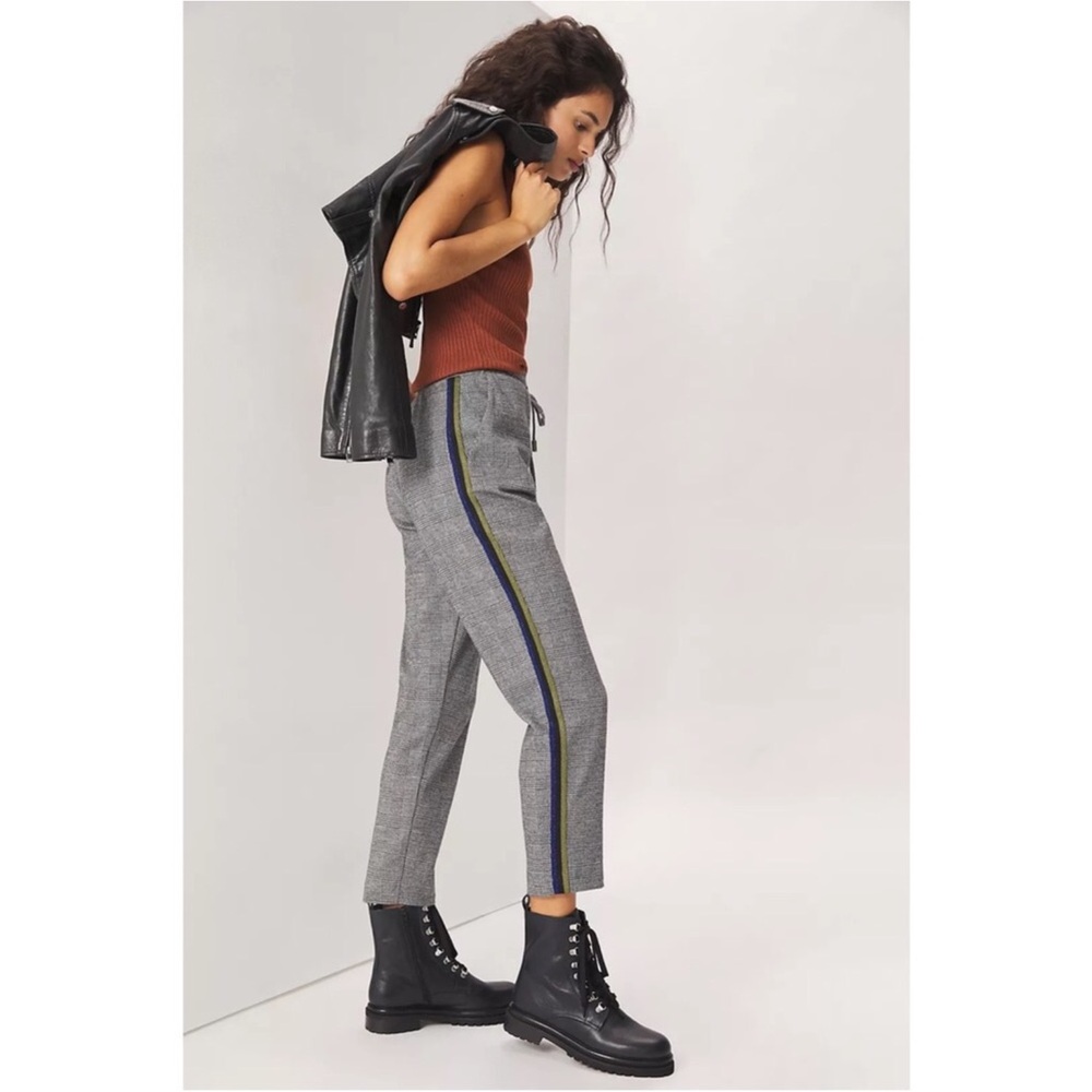 Anthropologie Gray Plaid Side-Stripe Cropped Pants with Navy & Yellow Stripe